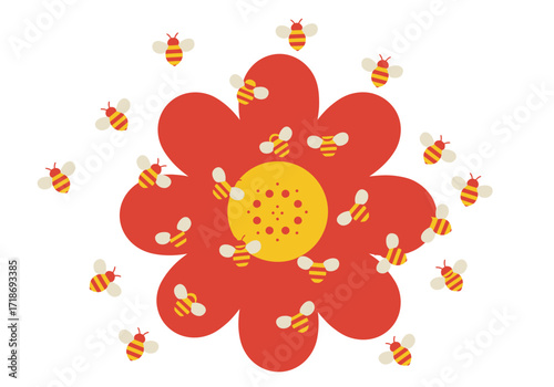 Many bees swarm a red flower with a yellow center