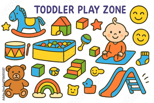 Toddler Play Paradise. Colorful Hand-drawn doodle Children illustration Toddler Play Zone ball pit, rocking horse, foam shapes, star blocks, smiley baby,