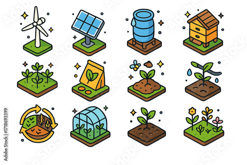 Eco Farming Icons. Eco farming. Colorful isometric vector icons set of eco farming: wind turbine, solar panel, rainwater barrel, compost pile, cover crops,
