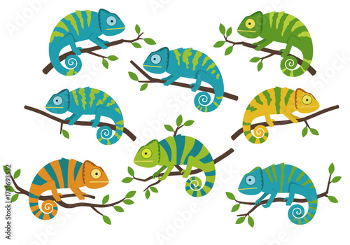 Seven colorful cartoon chameleons are perched on branches against a white background