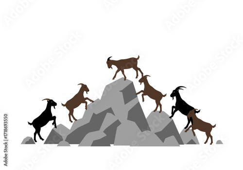 Seven goats climb a gray craggy rock formation against a white backdrop