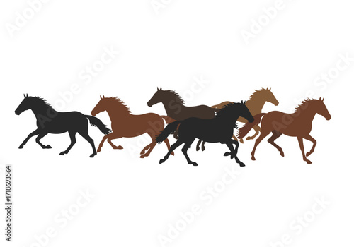 Six horses of different colors galloping across a white background