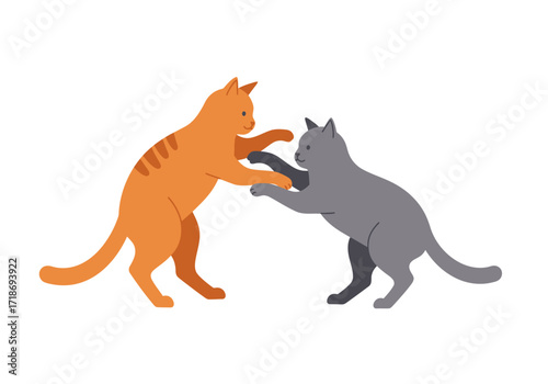 Two cats one orange and one gray appear to be playfully fighting on a white background