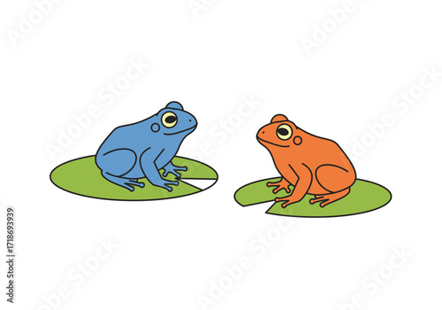Two frogs one blue one orange sit on green lily pads against a white background facing each other