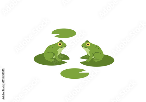 Two green cartoon frogs sit on lily pads with two separate pads floating nearby