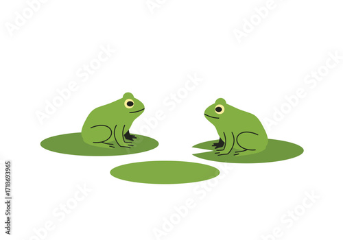 Two green frogs sit on lily pads facing each other with a third pad in between
