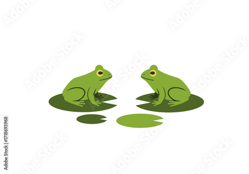 Two green frogs sit on lily pads facing each other with two smaller pads nearby all on a white background