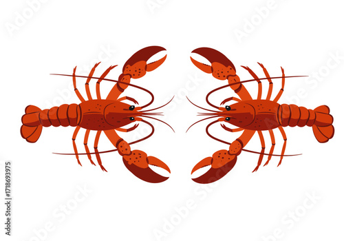Two mirrored red lobsters face each other with claws raised