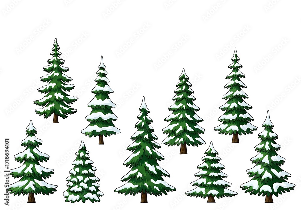 Obraz premium Evergreen forest with freshly fallen snow, holiday season nature drawing