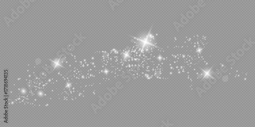 The dust sparks and golden stars shine with special light. Vector sparkles on a transparent background. Christmas light effect.