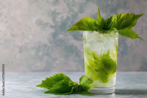 Refreshing Chilled Mojito with Vibrant Green Shiso Leaves in Glass