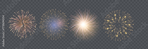 set of isolated vector fireworks on a transparent background.
