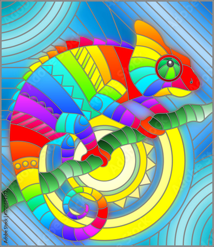 Illustration in stained glass style with abstract geometric rainbow chameleon on a blue background