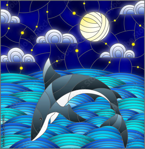 Illustration in stained glass style with shark into the waves, starry sky,moon  and clouds