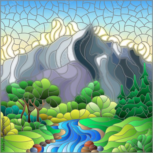 Illustration in the style of a stained glass window with an autumn landscape, a stream, trees and bushes