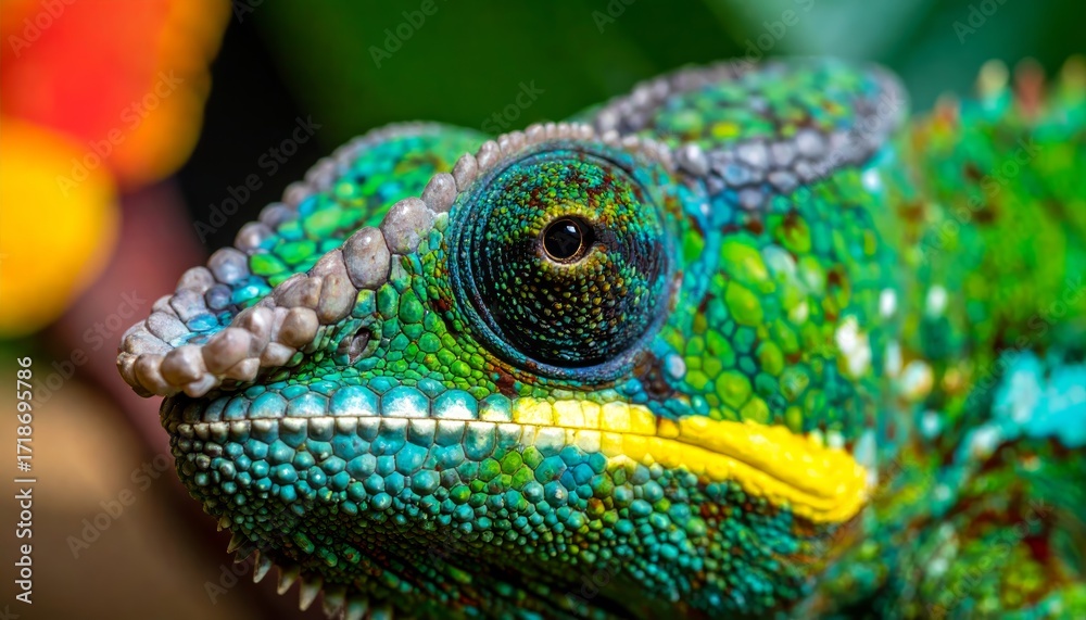 Fototapeta premium Close up colorful chameleon. Tropical wildlife animal. Color changing