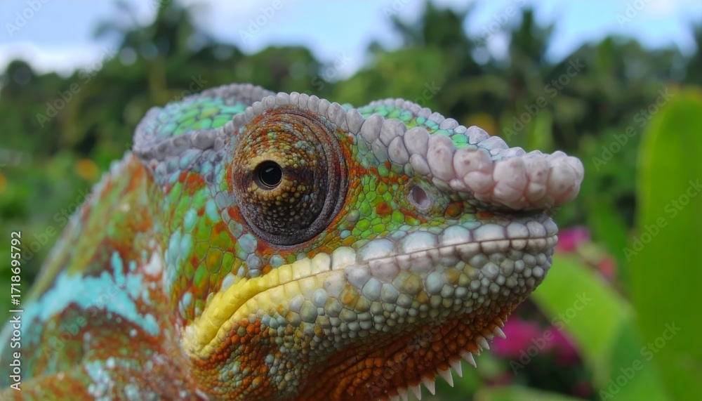 Fototapeta premium Close up colorful chameleon. Tropical wildlife animal. Color changing