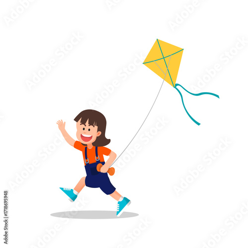 A little girl running while flying a kite