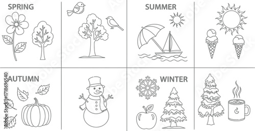 A black and white illustration depicting the four seasons with corresponding seasonal elements