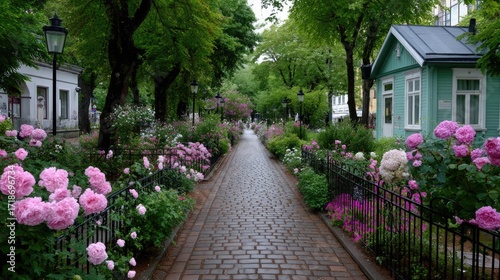 Pathway Lined with Pink Roses in Park with Green Trees and Buildings on a Cloudy Day