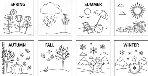 Black and white drawings depicting the four seasons spring summer autumn and winter in square frames