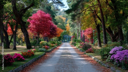 Pathway Through Colorful Autumn Park with Vibrant Red and Orange Trees Under a Clear Blue Sky Landscape Photography