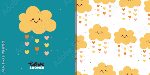 cute card and pattern with hand drawing cartoon cloud with heart shower in blue background