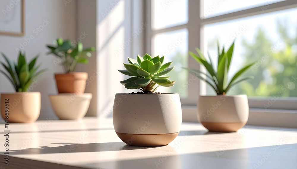 Fototapeta premium Variety of potted succulents and plants in a bright interior setting with natural light from a window