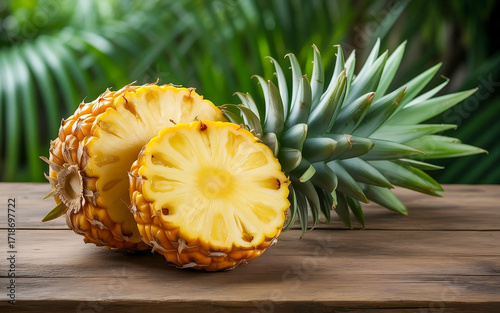 Fresh Pineapple with Sliced Half on Wooden Table