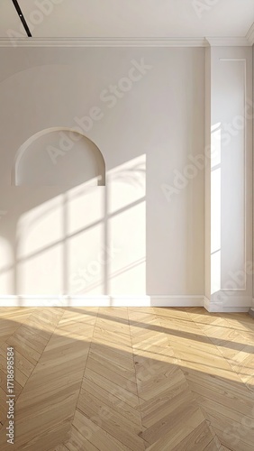 Empty room, light beige walls, hardwood floor, arched alcove, sunlight