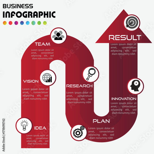 Red arrow-shaped business infographic with step-by-step workflow elements, modern icons, and clean layout for strategy, planning, and corporate presentation design.