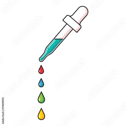 Minimalist Vector Illustration of Dropper with Colorful Liquid Drops in Modern Style