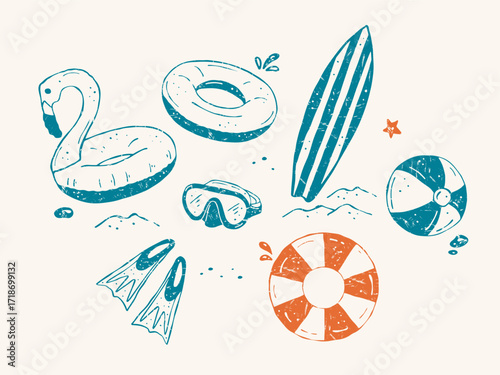 Hand-drawn vector set of beach and water activity elements in textured doodle style. Includes surfboard, inflatable ring, beach ball, snorkeling mask, and fins, perfect for summer projects 