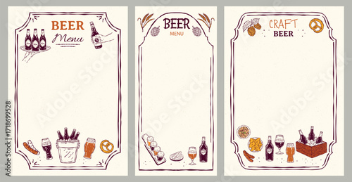 Vector hand-drawn beer menu set with bottles, glasses, tray, snacks and ice. Perfect for pub menu design, branding, packaging and print projects