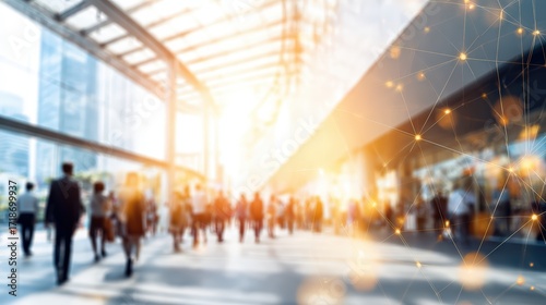 Crowded walkway blurred with people commuting, enhanced by a vibrant network connection and brilliant sunlight inside a contemporary setting.