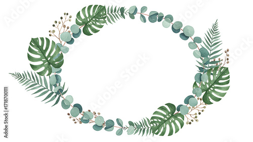 Oval frame composed of various green leaves including monstera, eucalyptus, and fern, arranged on a white background.