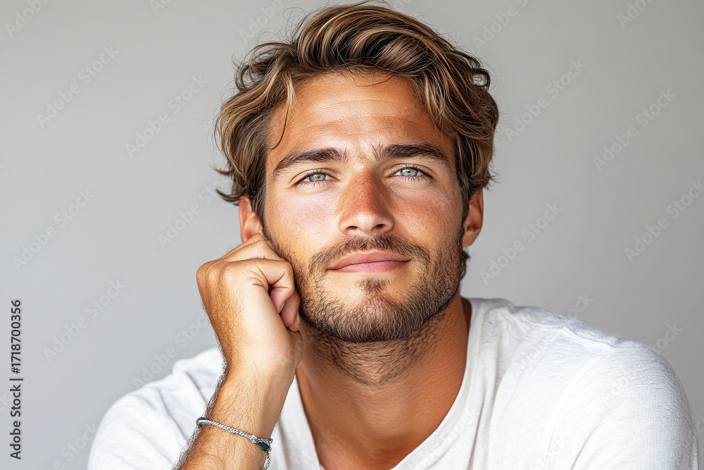 Fototapeta premium A close-up portrait of a young man with tousled hair and striking blue eyes, resting his chin on his hand, exuding a relaxed and thoughtful demeanor.