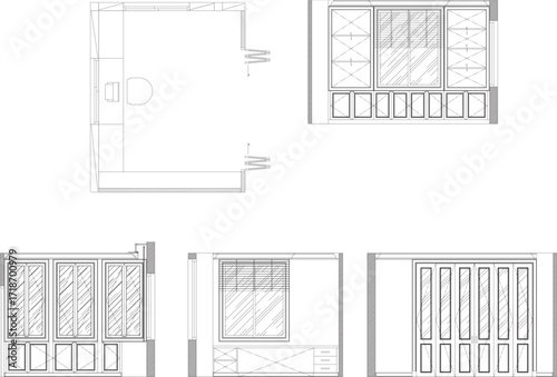 Drawings, a built-in office, a bookshelf and a desk, consisting of furniture, layout plans and designs.