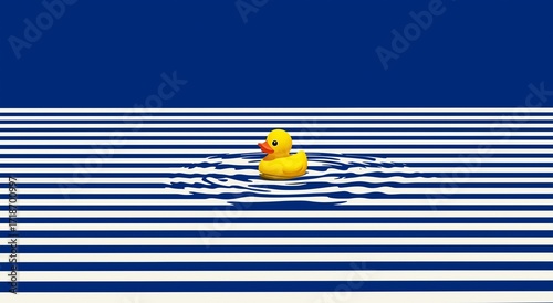 Minimalist composition of blue and white horizontal waves with a yellow rubber duck against a clean white background, high-resolution style image evoking calm water and playful bath time concept