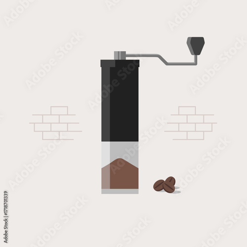 Manual Coffee Grinder with Beans and Coffee Grounds Illustration