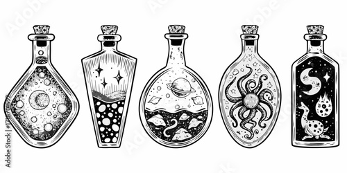 Collection of five whimsical black and white potion bottles filled with cosmic and mythical elements