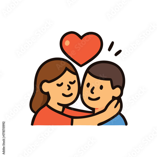 Unconditional love shines as an affectionate cartoon couple hugs symbolized by a heart above them.