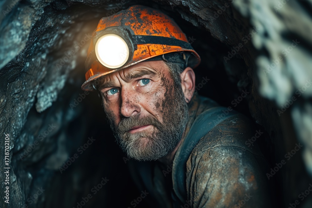 Fototapeta premium Determined caucasian male miner in his 50s emerging from dark tunnel with headlamp and dusty face, capturing spirit of hard work and resilience