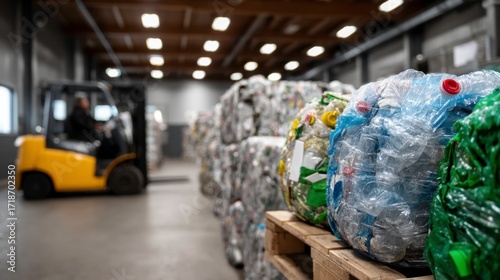 Waste management action recycling facility industrial setting inside warehouse sustainability efforts