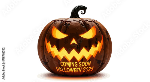 Spooky jack o lantern coming soon halloween 2025 isolated on white background 