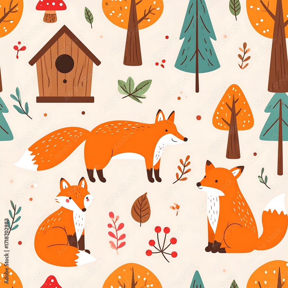 Obraz premium Cute autumnal forest pattern with foxes