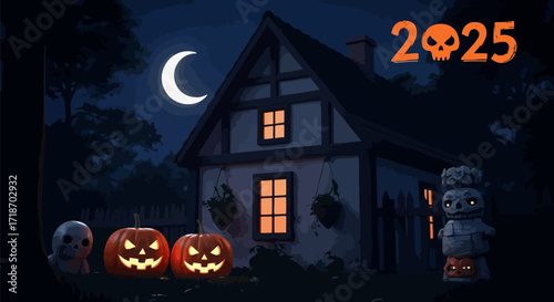halloween 2025 background with haunted house and spooky