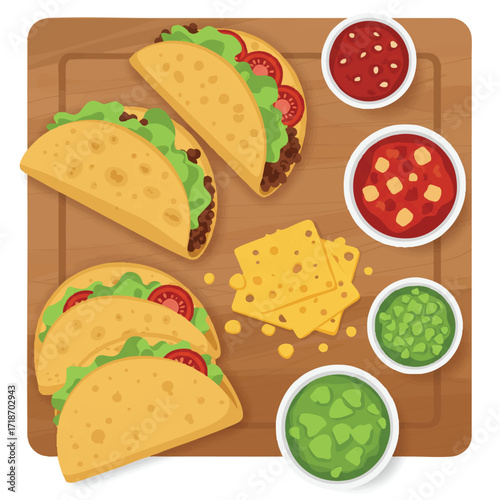 Vibrant 2D flat vector of fresh taco ingredients: corn tortillas, seasoned beef, lettuce, cheese, tomatoes, and salsa, neatly arranged on a cutting board with clean outlines on a white background.