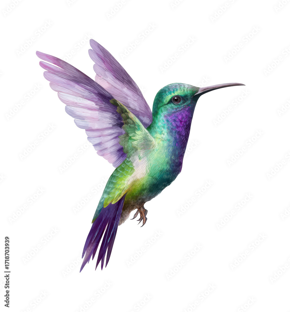 Obraz premium Purple and yellow hummingbird flying near tropical flowers is a beautiful wildlife illustration on transparent background.