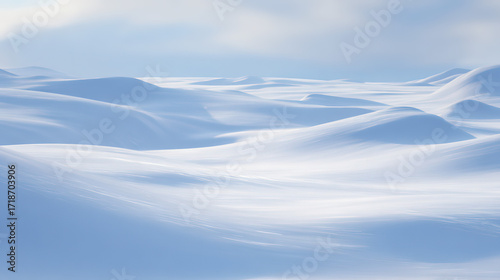 Serene winter landscape in soft powder-blue tones: smooth white snow mounds melt into the pale sky, evoking calm, purity and boundless natural quietude